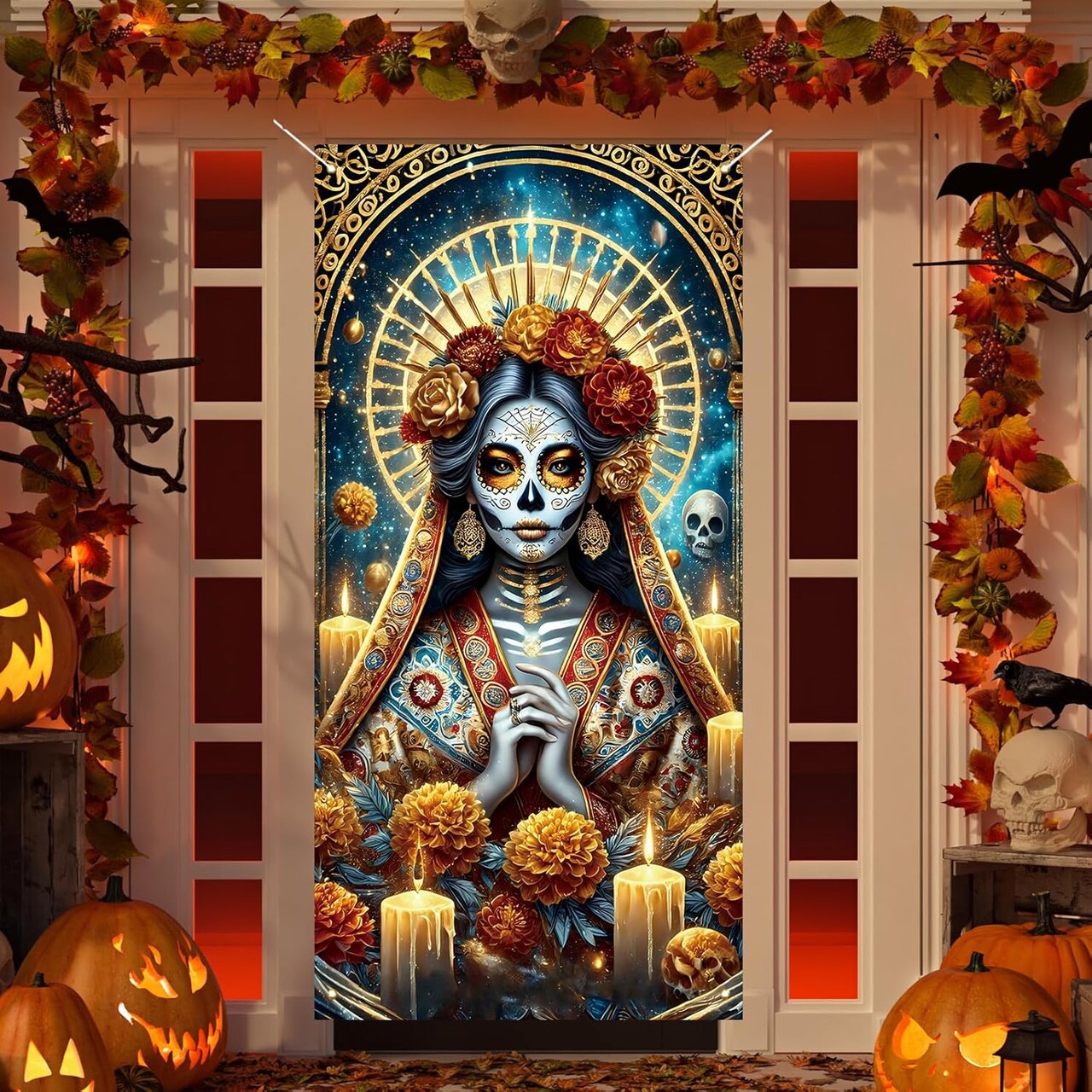 Dia De Los Muertos Door Cover Day of The Dead Front Porch (Multicolor) 72"L x 36"W